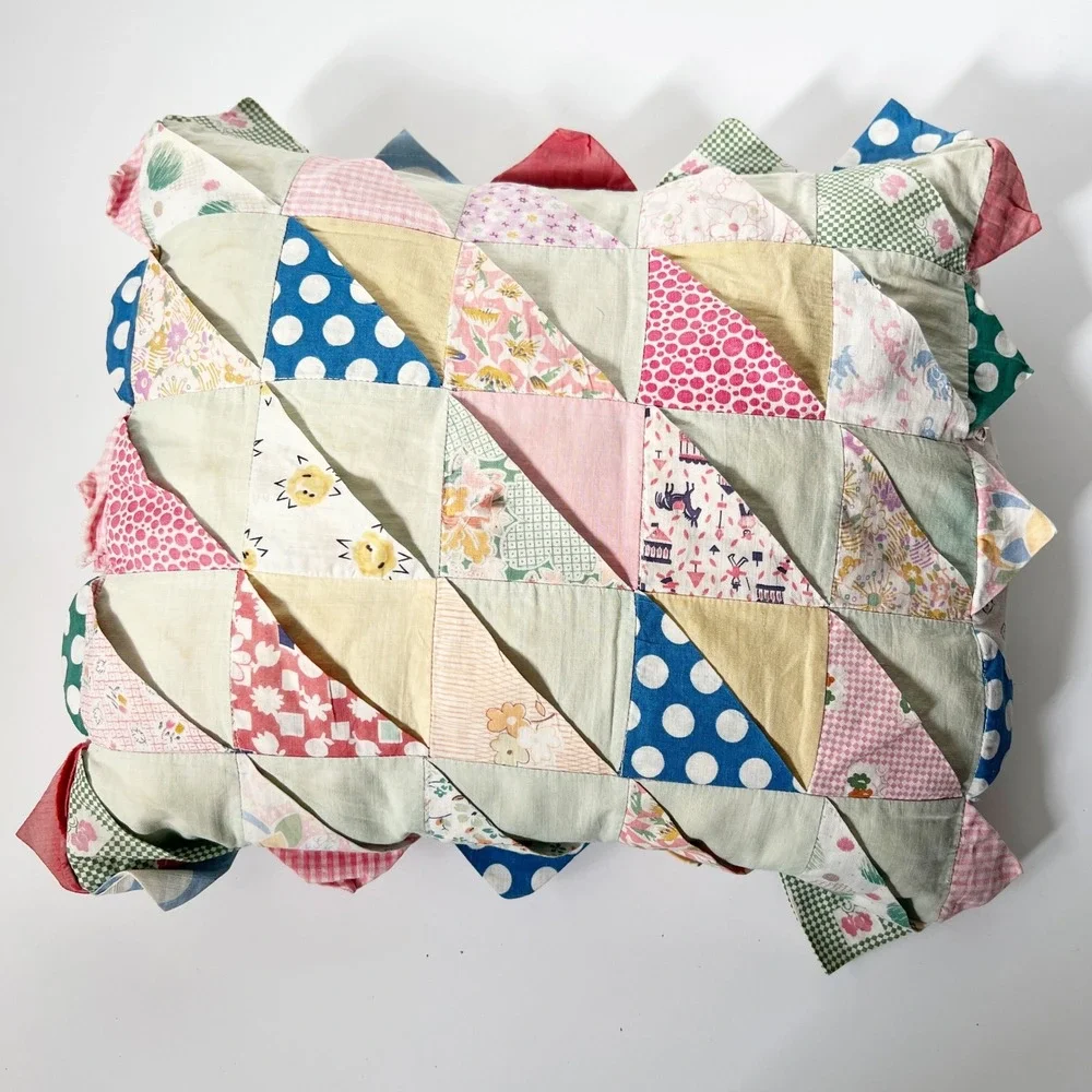 Vintage Handmade Patchwork Quilt Toss Pillow Multicolor Prairie Point Trim Folk